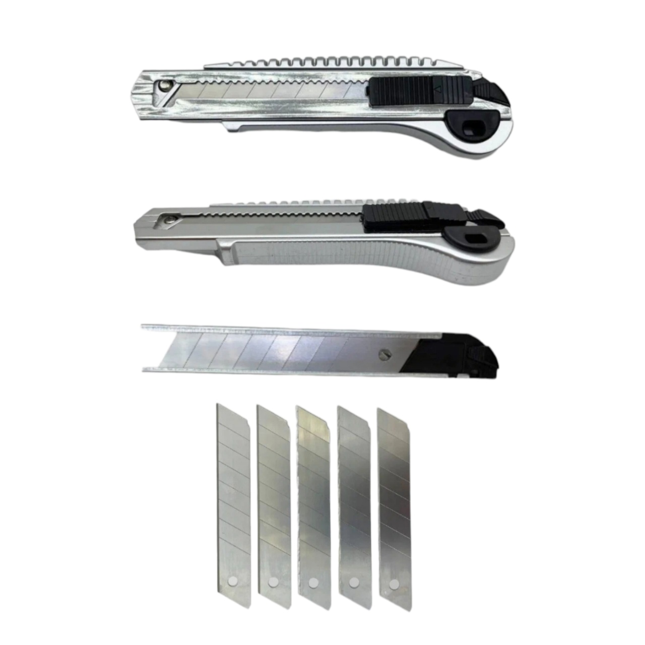 нож канцелярский 18 мм, с 5 запасными лезвиями, с фиксатором, серебристый (2327) оптом